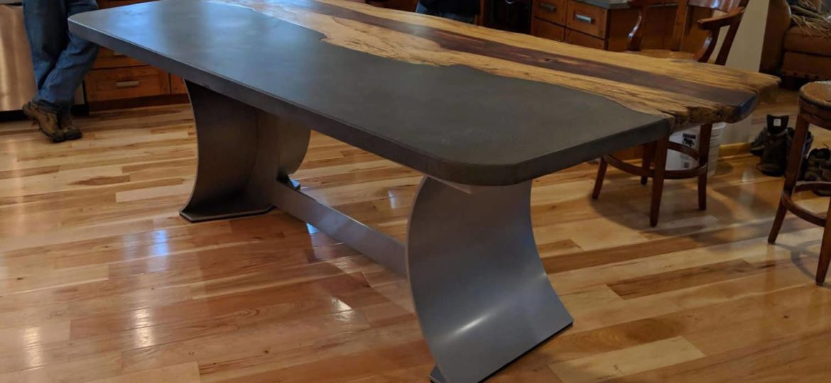 Live Edge Wood and Charcoal Colored Concrete Table with Aluminum Sculptural Base