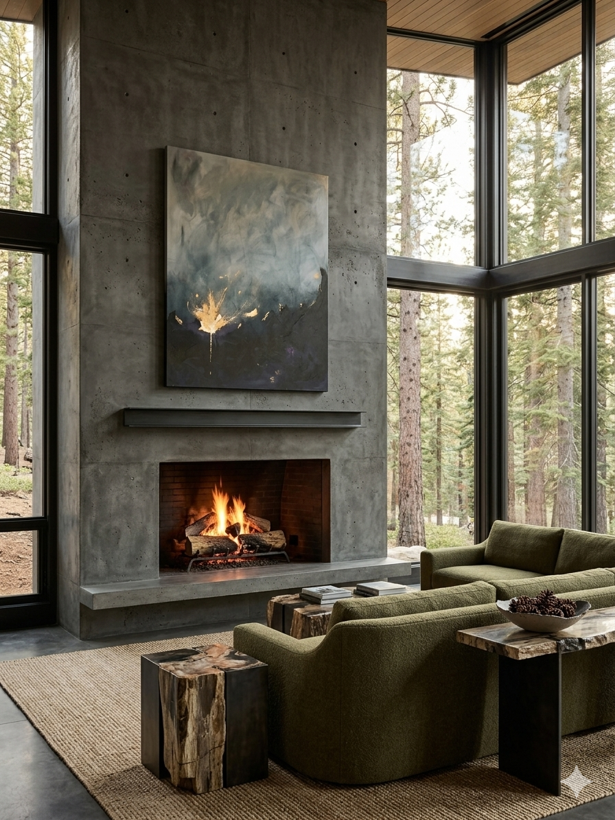 A spacious, minimalist modern lodge living area in Truckee, California, featuring a monumental floor-to-ceiling board formed dark concrete fireplace and expansive steel-frame windows looking out onto a pine forest. Displayed centrally on the fireplace is the large abstract canvas painting Rinascere by Béton Studio's Jonathan Haywood, with its deep charcoals and explosive gold burst contrasting against the smooth concrete surface. Diffused natural light illuminates the scene, which includes only essential architecture, bare concrete floors, and a simple, integrated firebox with burning logs, emphasizing material honesty and the artwork.